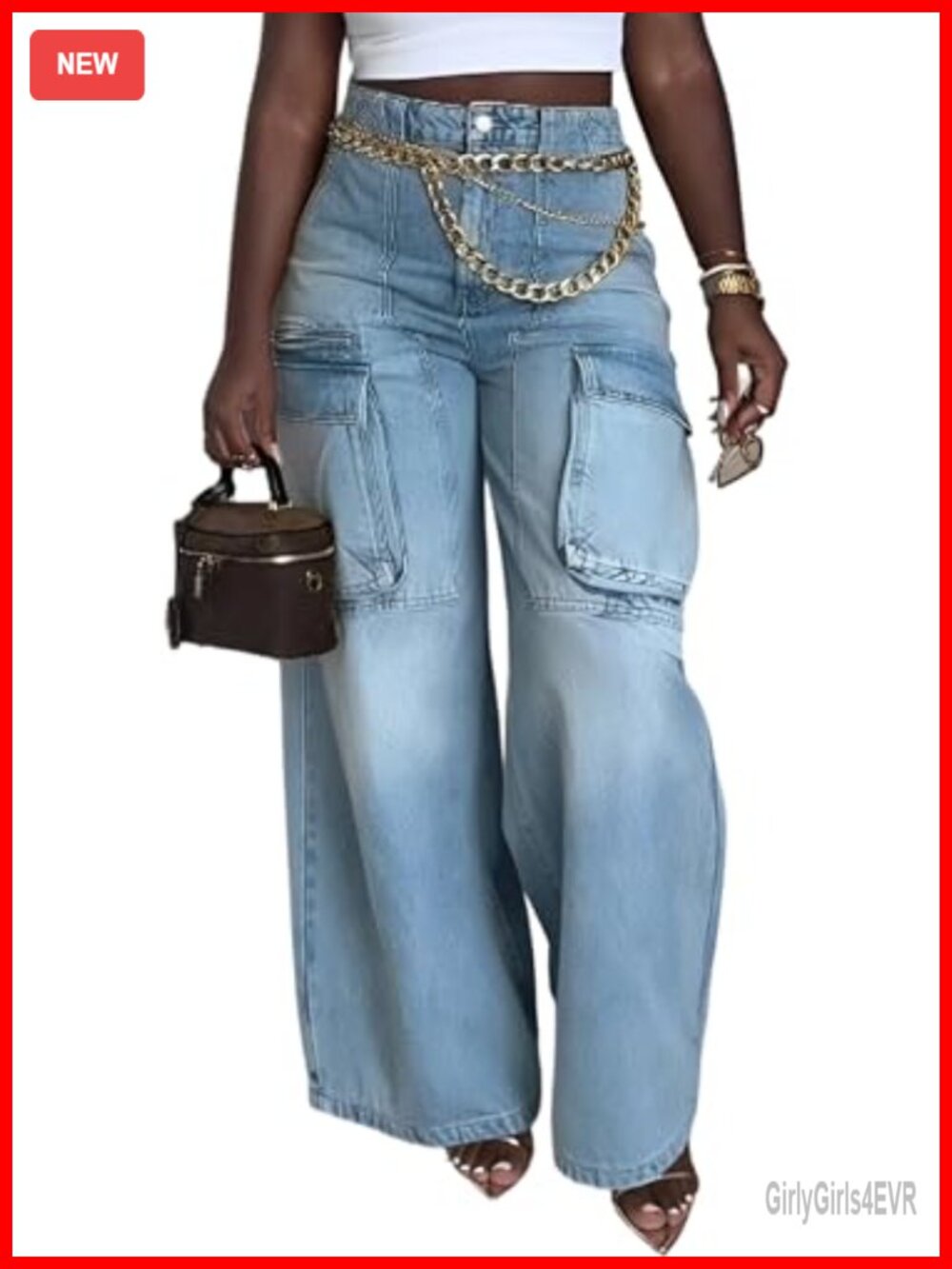 High Waisted Wide Leg Cargo Jeans Women Distressed Baggy Denim Pants